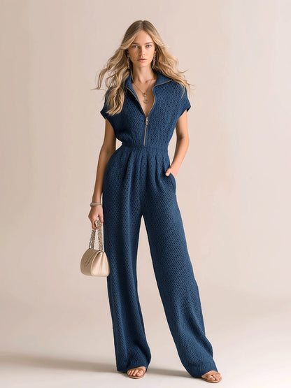 Chic Vintage Navy Blue Zipper-Up Lapel Collar Short-Sleeve Loose-Fit Waffle Knit Jumpsuit