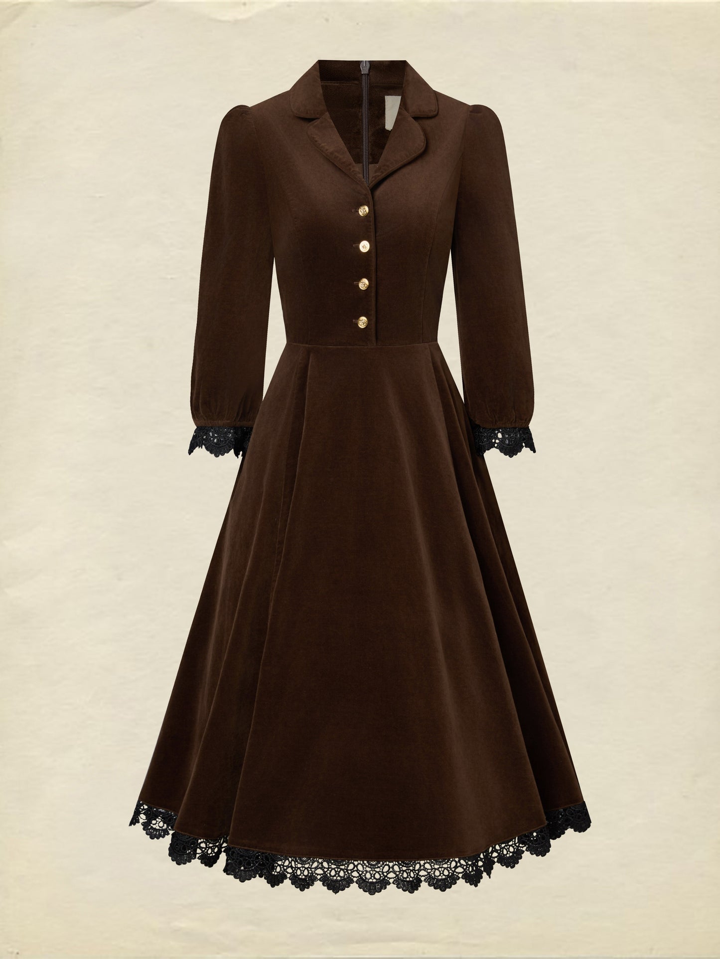 Robe midi en coton, demi-manches, col à revers, unie, dentelle, vintage, couleur café