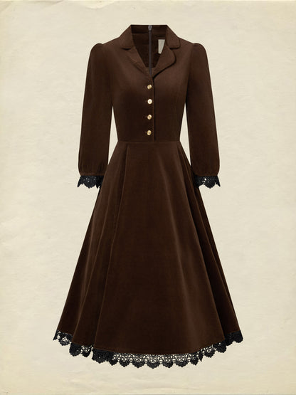 Robe midi en coton, demi-manches, col à revers, unie, dentelle, vintage, couleur café