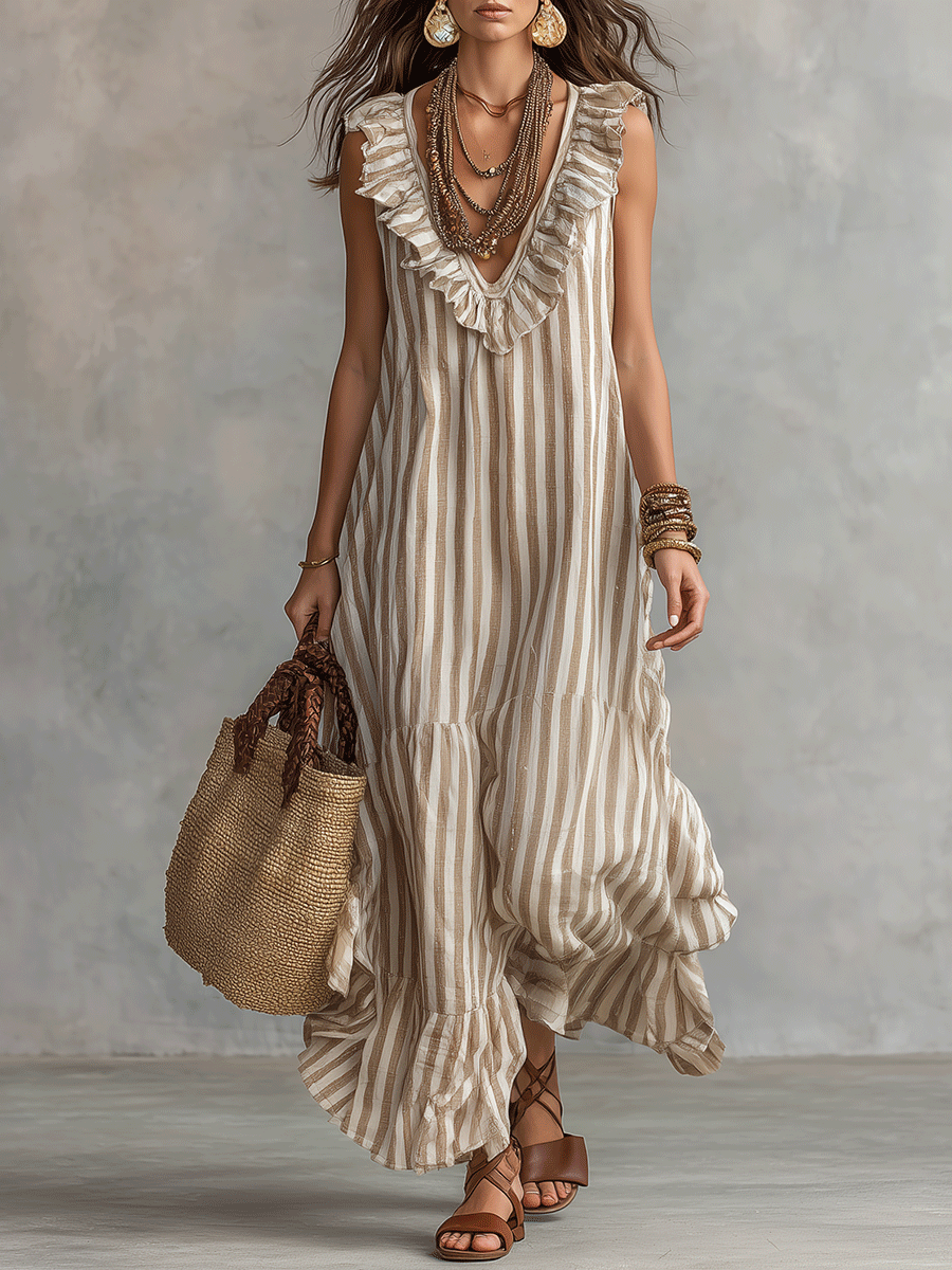 Robe longue rayée bohème décontractée à volants