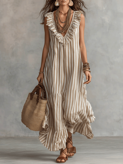 Robe longue rayée bohème décontractée à volants