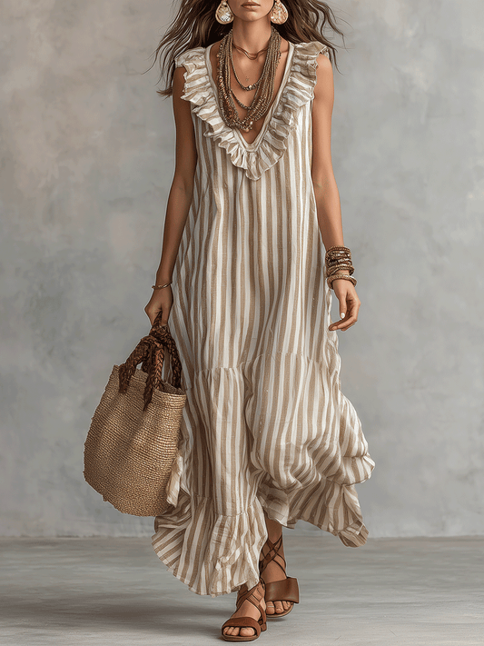 Robe longue rayée bohème décontractée à volants