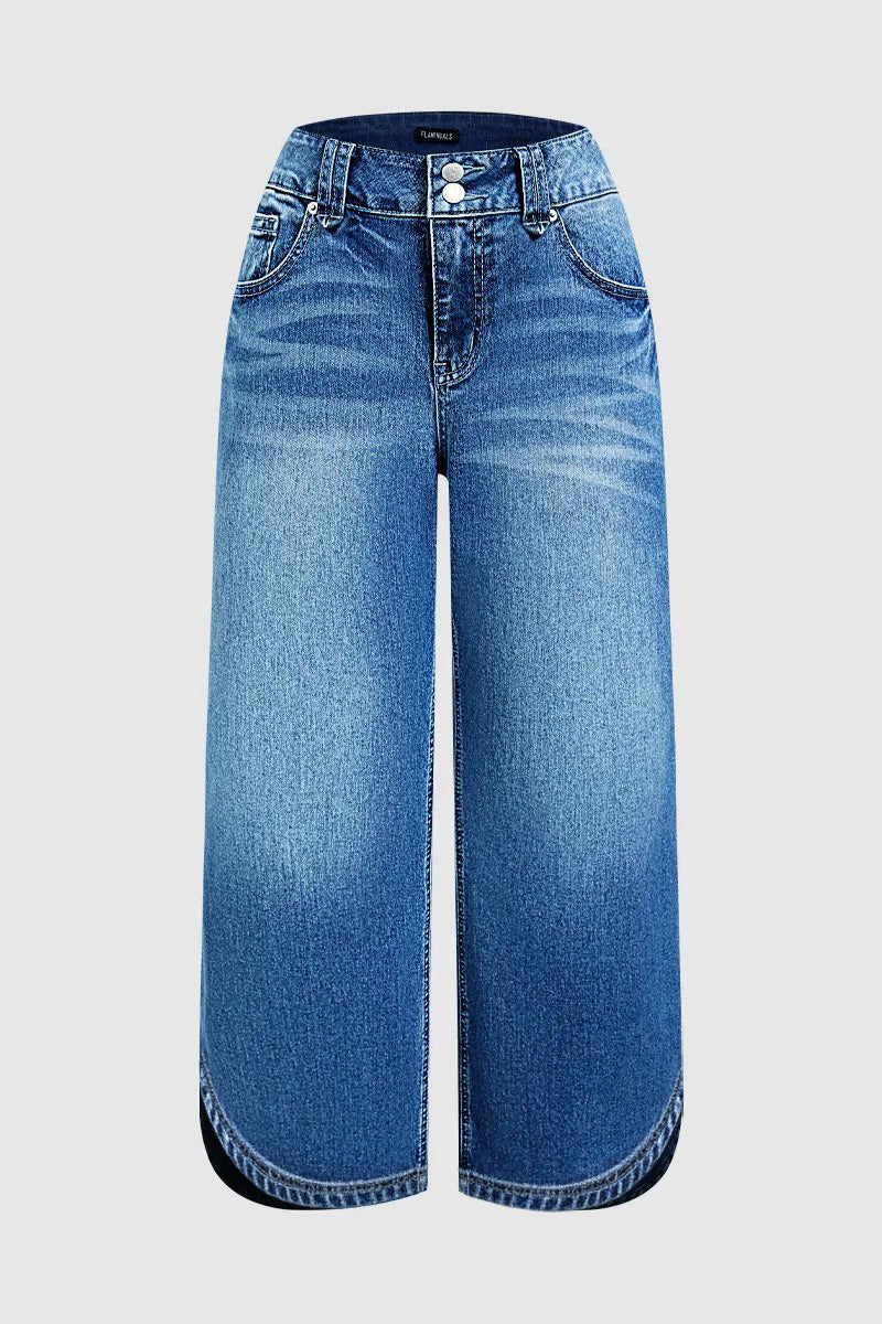 Wash Split Hem Dual Button Mid Rise Wide Leg Jeans