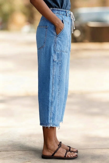Raw Hem Drawstring Mid Waist Barrel Leg Capri Jeans