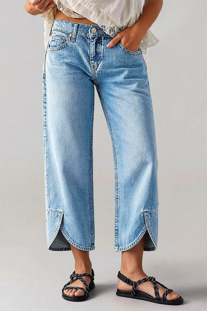 Wash Split Hem Mid Rise Wide Leg Crop Jeans