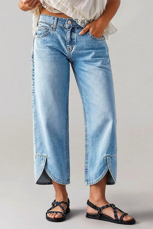 Wash Split Hem Mid Rise Wide Leg Crop Jeans