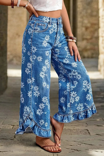 Wash Floral Print Ruffle Hem High Waist Wide Leg Jeans