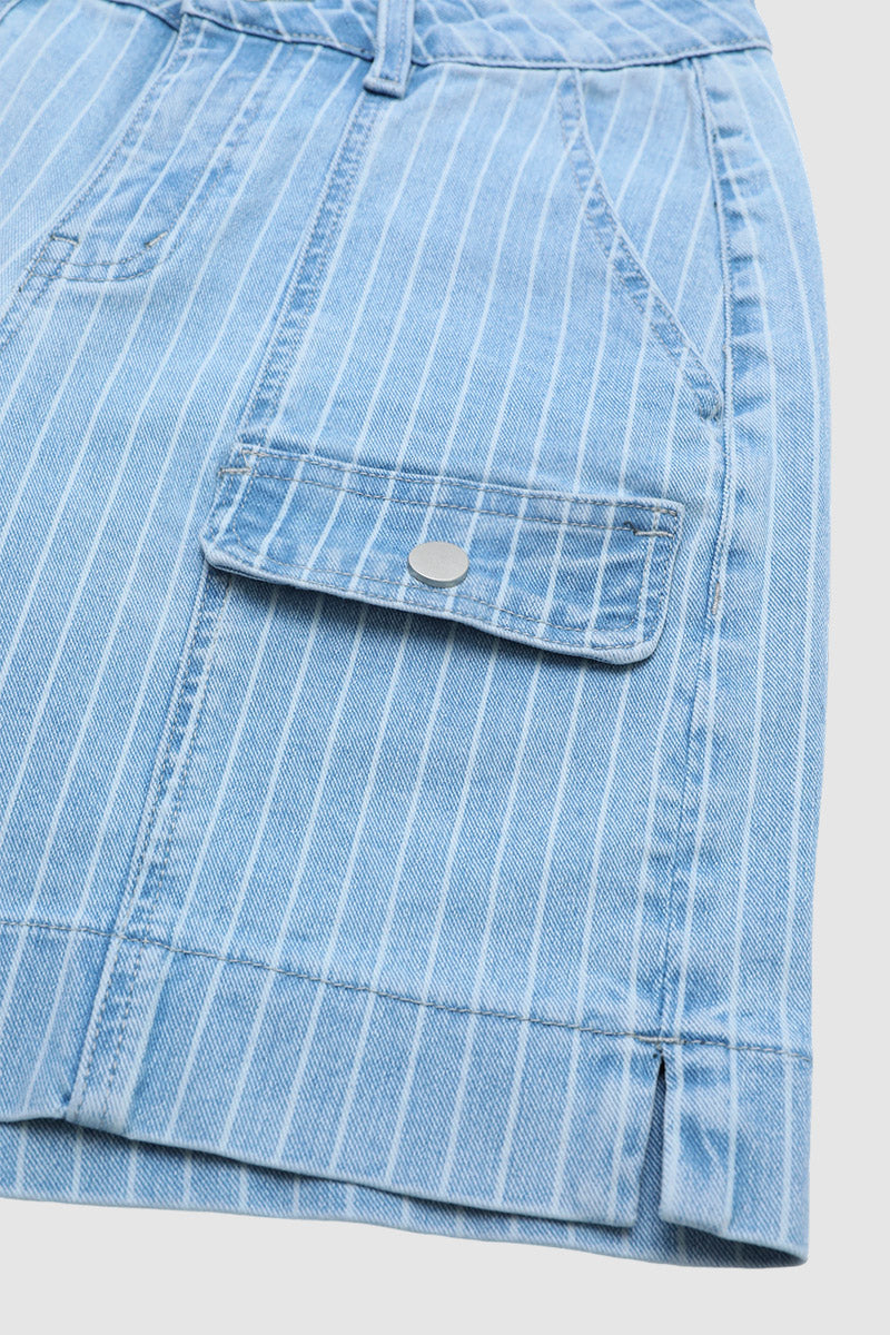 Pinstriped Split Flap Decor Mid Waist Denim Mid Thigh Shorts Without Belt