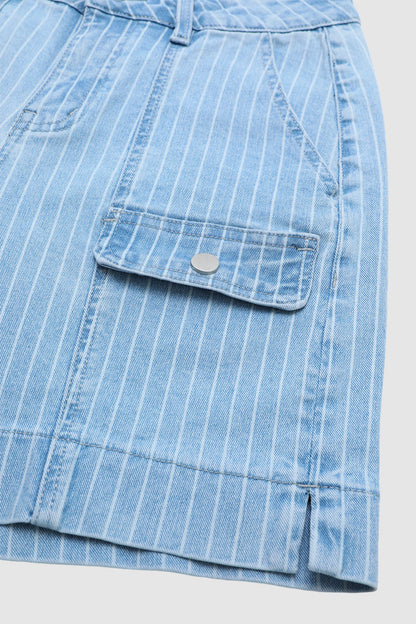 Pinstriped Split Flap Decor Mid Waist Denim Mid Thigh Shorts Without Belt