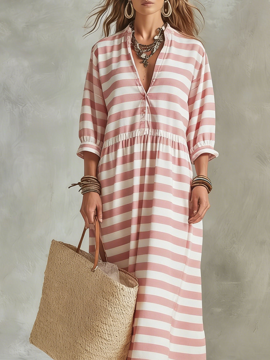 Robe longue style bohème rayée rose pâle