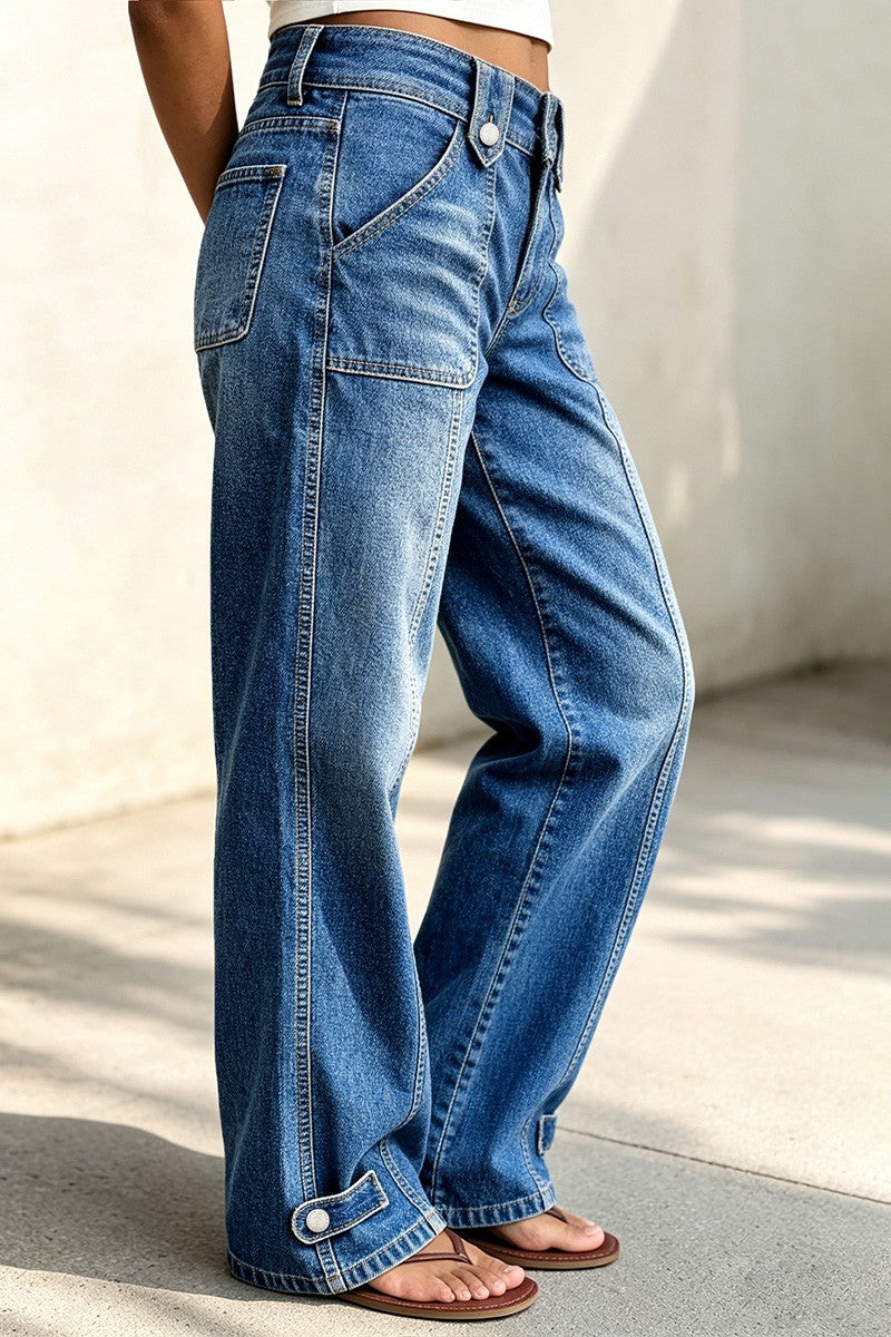 Stitch Detail Button Tab Wide Leg Mid Waist Jeans