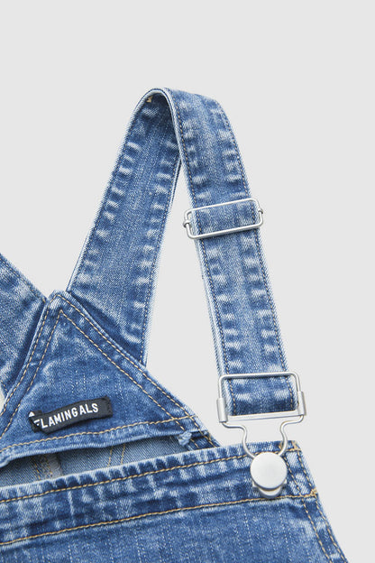 Patched Stitch Detail Barrel Leg Denim Overalls