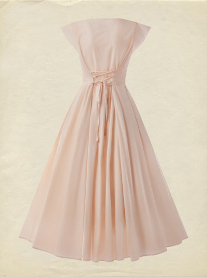 Robe midi en lin, manches courtes, col en dentelle, unie, vintage, rose clair