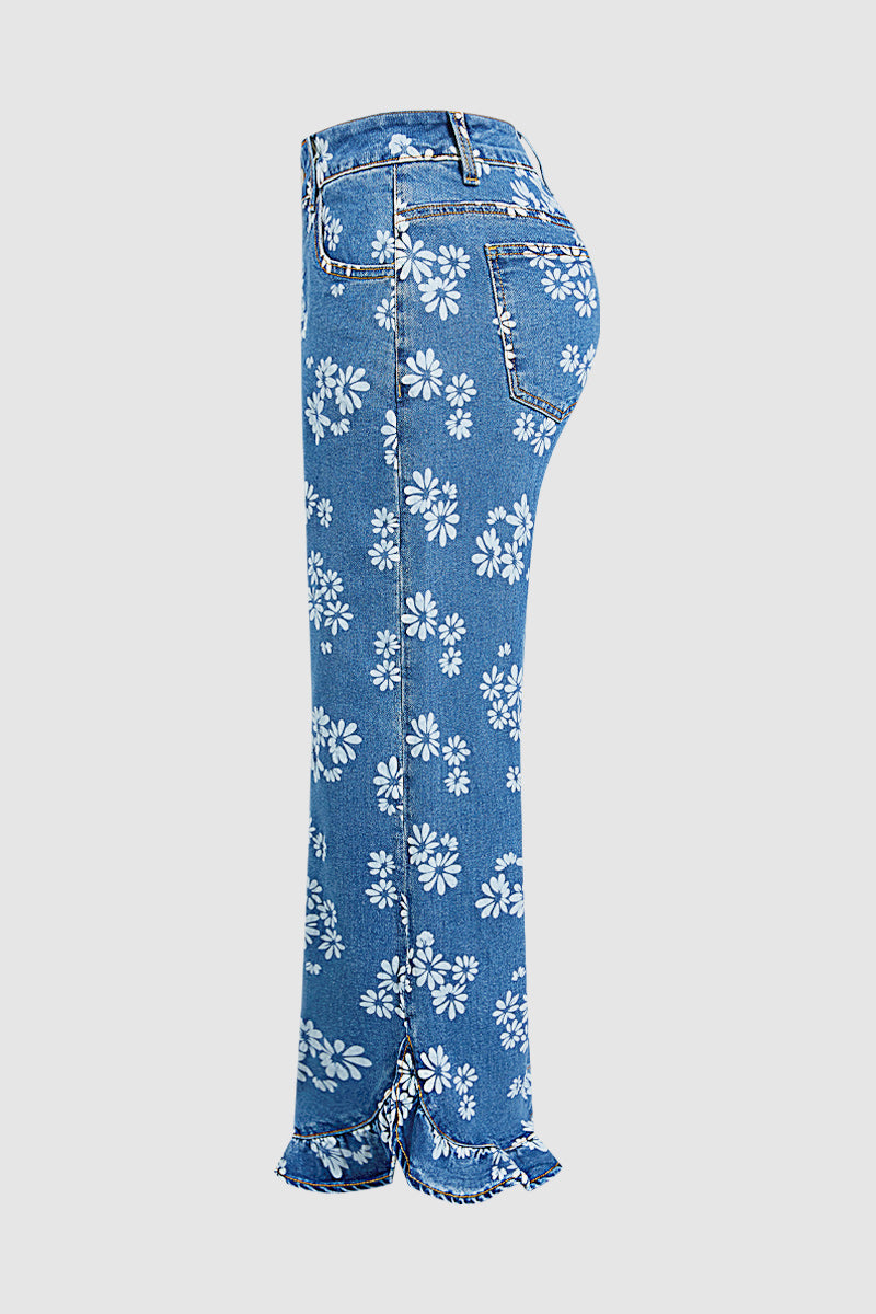Wash Floral Print Ruffle Hem High Waist Wide Leg Jeans