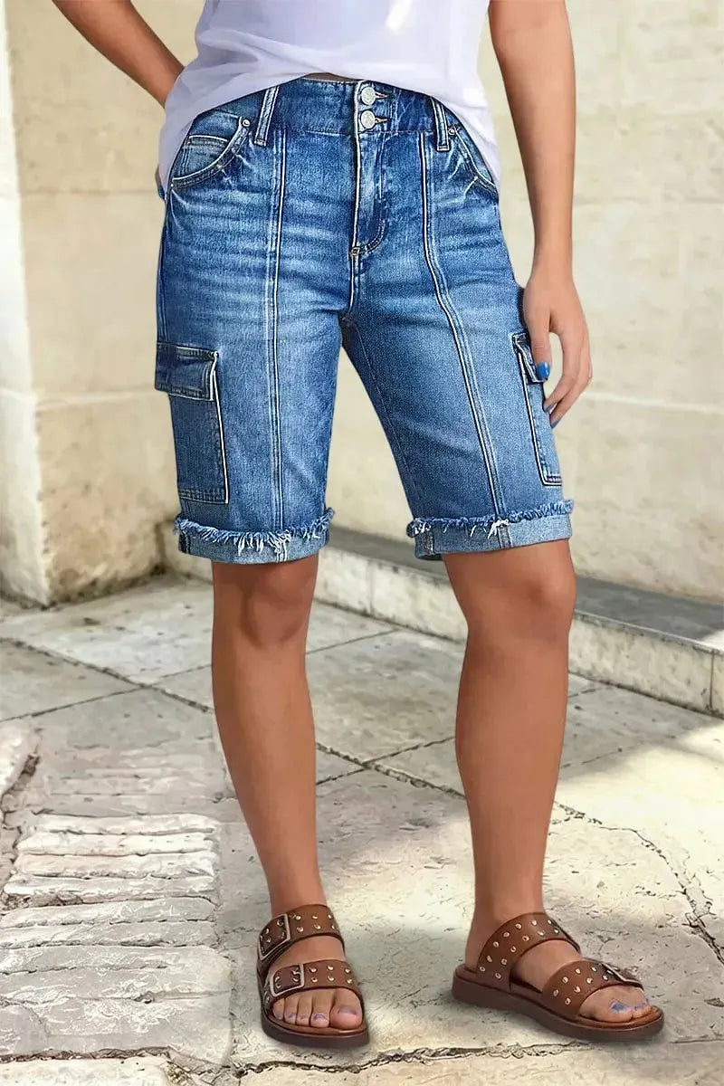 Raw Hem Stitch Detail Mid Waist Denim Cargo Bermuda Shorts