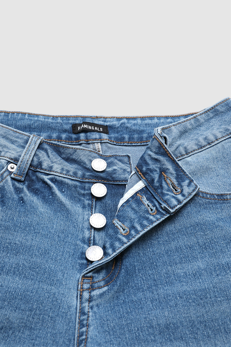 Raw Hem Ripped Button Fly Mid Waist Straight Leg Crop Jeans