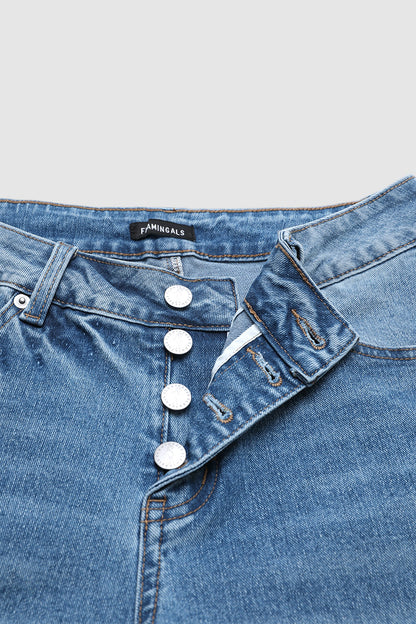 Raw Hem Ripped Button Fly Mid Waist Straight Leg Crop Jeans
