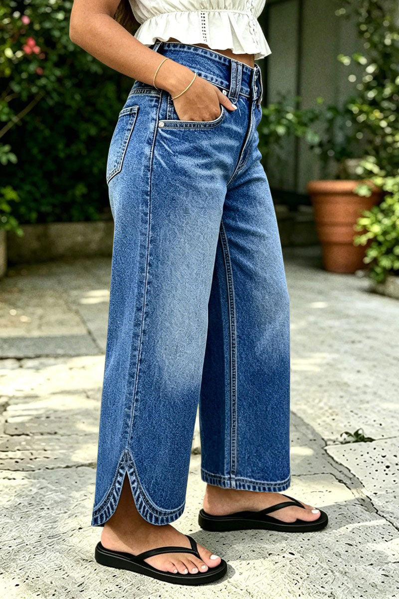 Wash Split Hem Dual Button Mid Rise Wide Leg Jeans