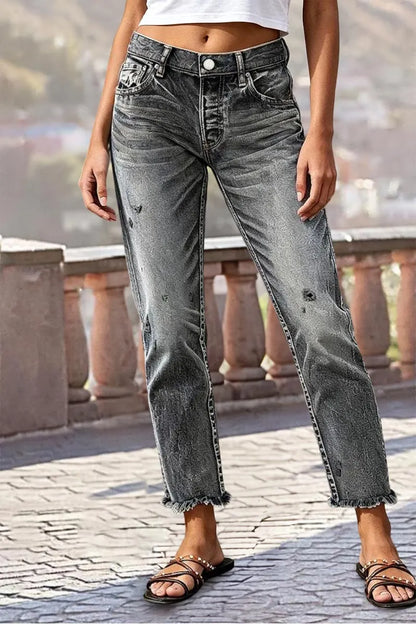 Wash Ripped Raw Hem Mid Waist Straight Leg Crop Jeans