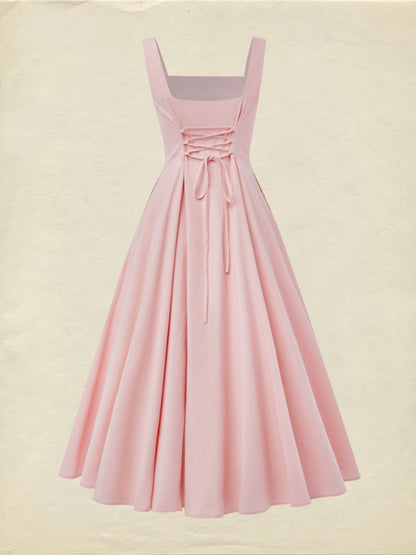 Ensemble robe longue en coton, manches mi-longues, col rond, fleuri, poches, vintage français, rose clair