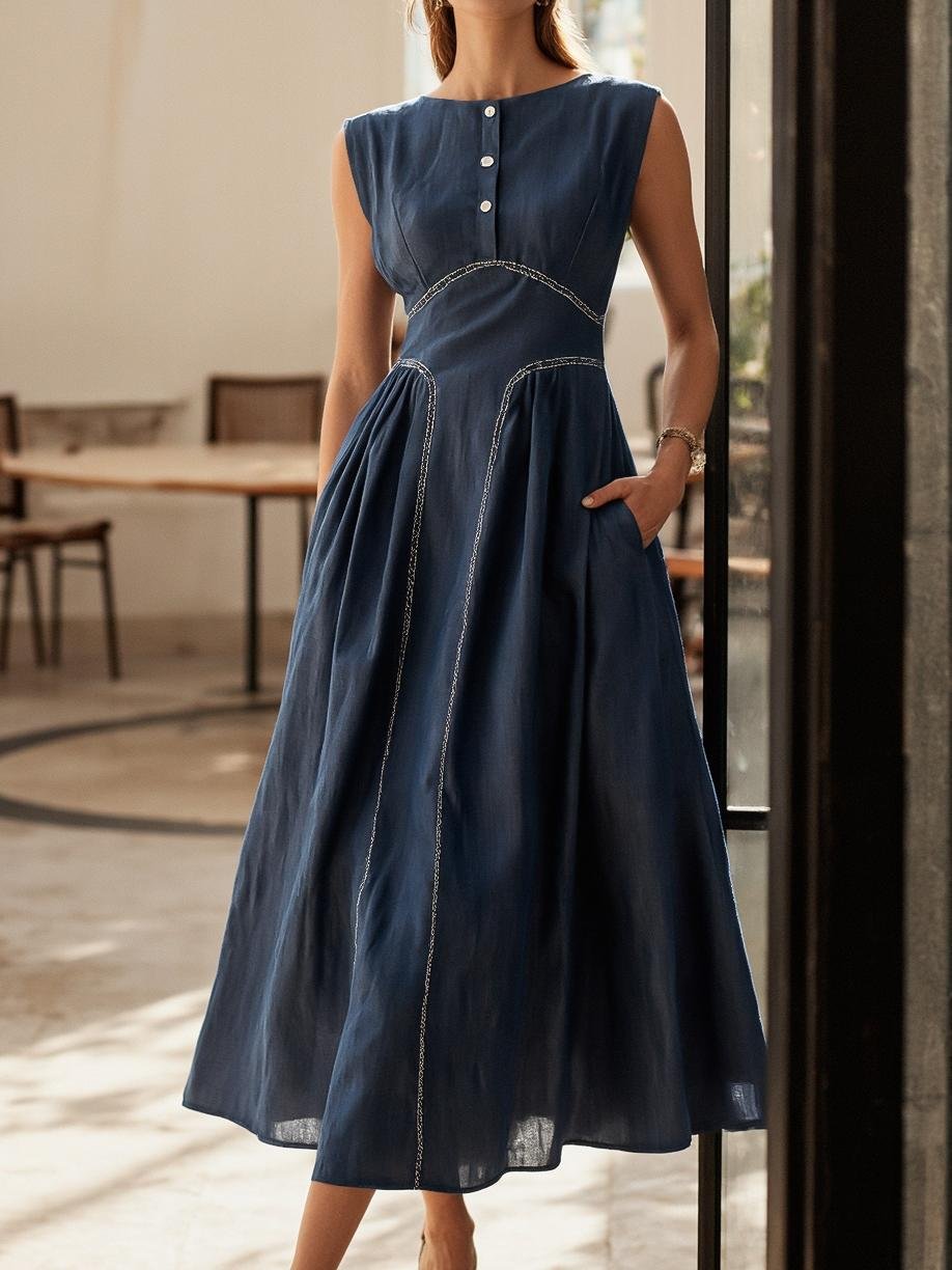 Robe longue en lin, manches courtes, col rond, unie, poches, style vintage français, bleue