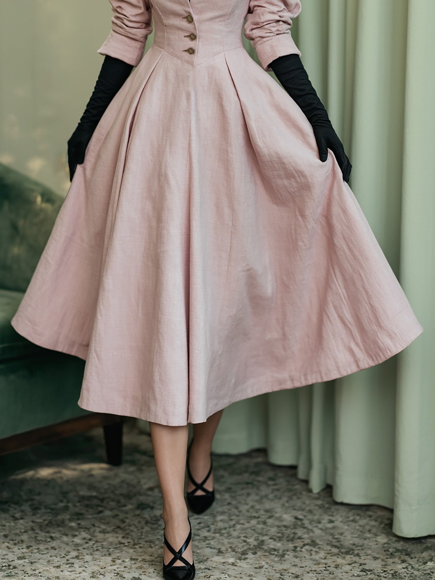 Robe midi en lin, manches longues, col en V, unie, boutonnée, style vintage français, rose clair