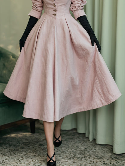 Robe midi en lin, manches longues, col en V, unie, boutonnée, style vintage français, rose clair