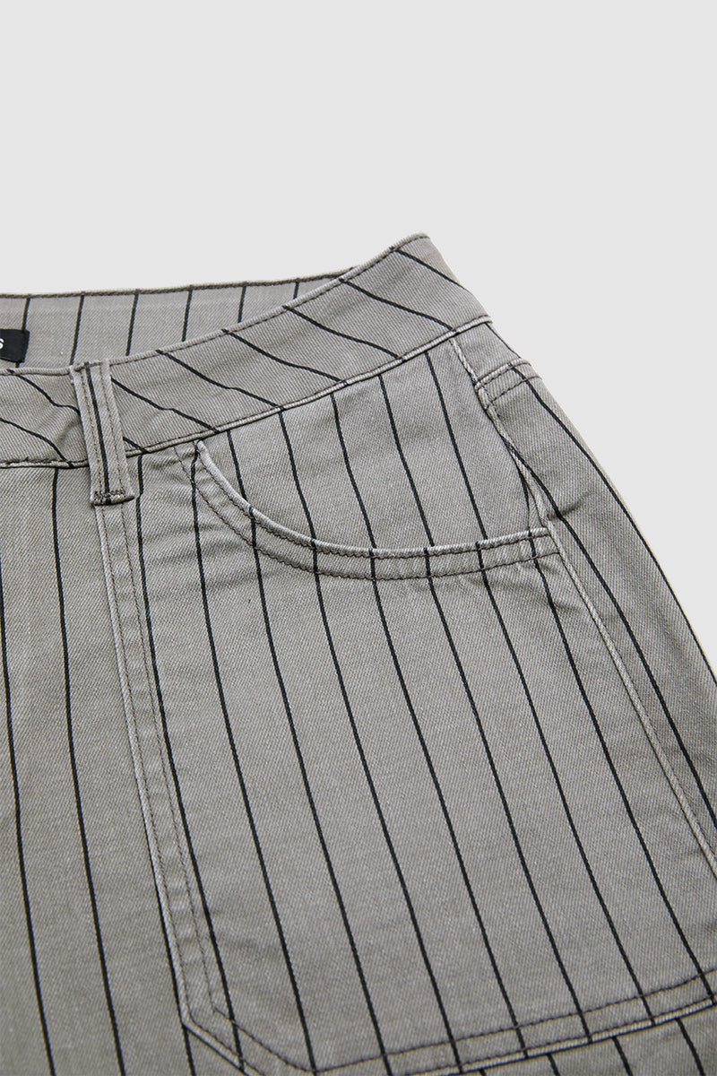 Striped Patch Pocket Mid Waist Wide Leg Cropped Pants Without Belt