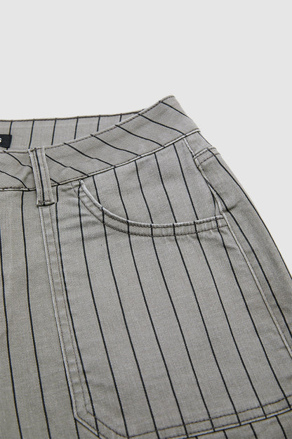 Striped Patch Pocket Mid Waist Wide Leg Cropped Pants Without Belt