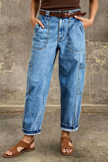 Wash Patch Pocket Roll Hem High Rise Crop Tapered Jeans Without Belt