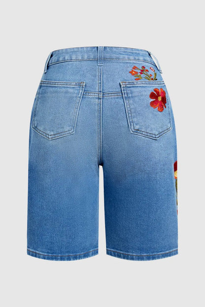 Wash Floral Embroidery V Yoke Mid Rise Straight Leg Denim Bermuda Shorts
