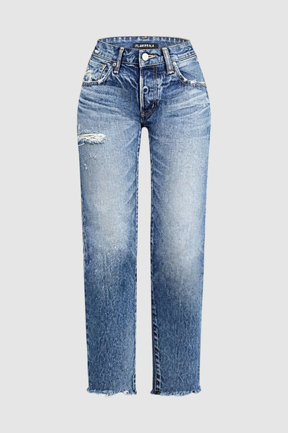 Raw Hem Ripped Mid Rise Straight Leg Crop Jeans