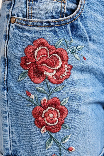 Roll Hem Floral Embroidery Mid Waist Denim Shorts