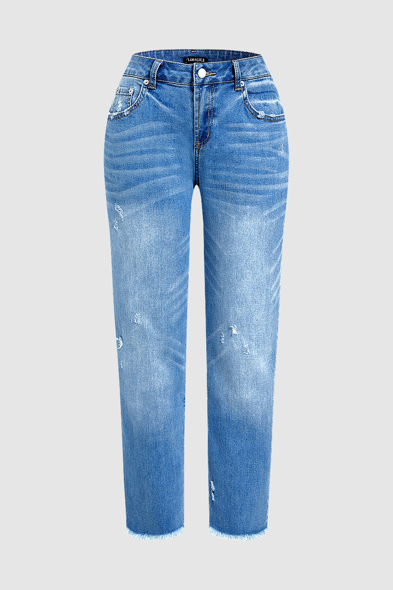 Raw Hem Ripped Mid Waist Straight Leg Crop Jeans