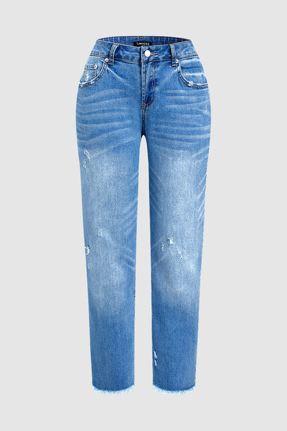 Raw Hem Ripped Mid Waist Straight Leg Crop Jeans