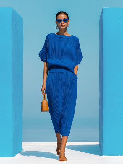 Chic Elegant Royal Blue Boat Neck Short-Sleeve Loose-Fit Sweater And Bodycon Midi Skirt Ribbed Knit Two-Piece Set