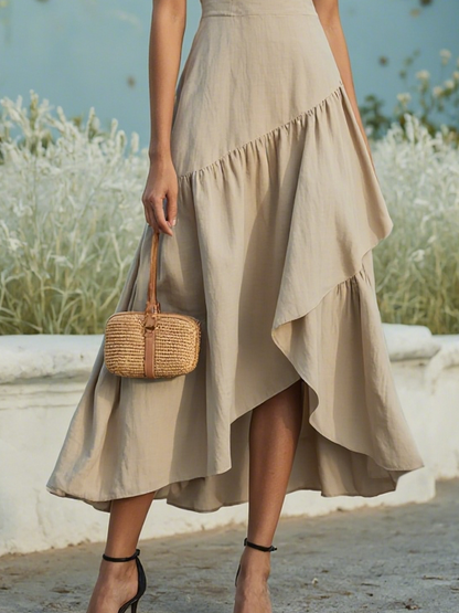 Robe longue en coton, sans manches, col rond, unie, à volants, style vintage français, bleue