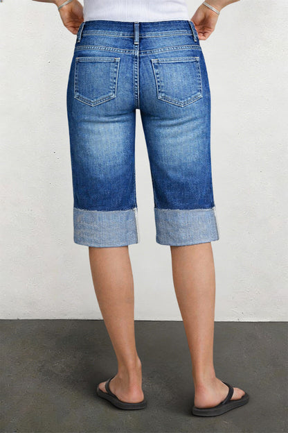 Wash Floral Embroidery Roll Hem Mid Rise Denim Bermuda Shorts