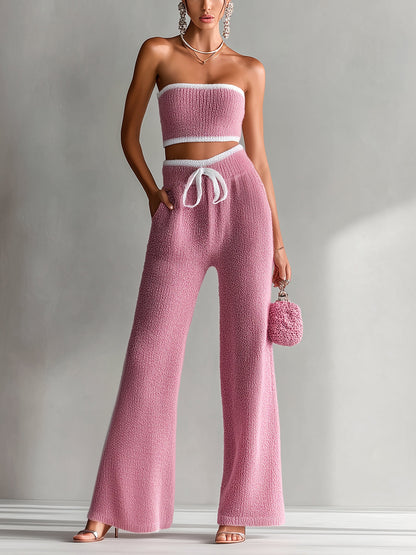 Chic Elegant Pink Contrast Trim Sleeveless Slim-Fit Bandeau High-Waisted Bow Details Wide-Leg Pants Knit Two-Piece Set