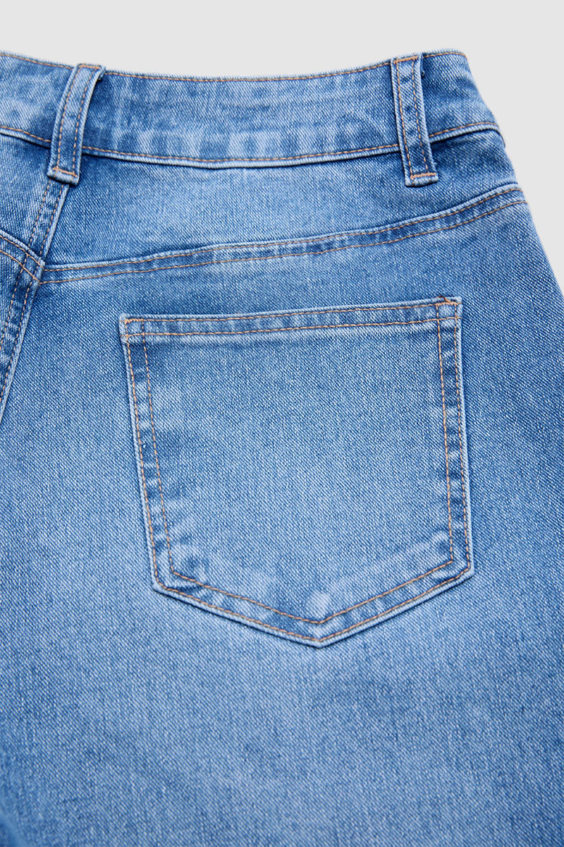 Wash Ruffle Trim Split Hem Mid Rise Wide Leg Jeans