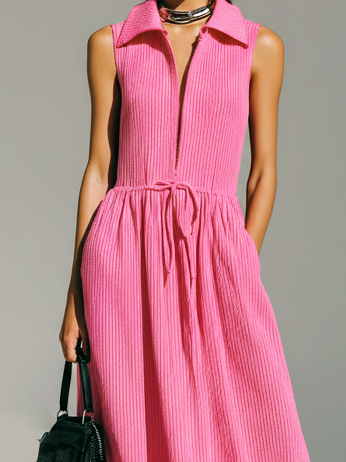 Stylish Elegant Pink Lapel Collar Zipper-Up Sleeveless Loose Belted Waist  Ribbed Knit Maxi Dress