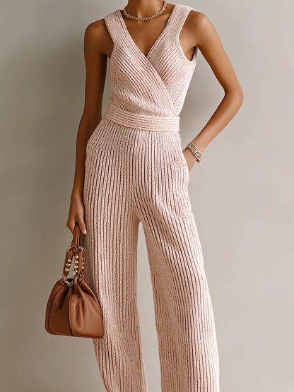 Chic Elegant Light Pink V-Neck Cross-Front Sleeveless Tailored-Waist Wide-Leg Ribbed Knit Jumpsuit