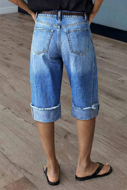 Seam Front Raw Hem High Rise Denim Bermuda Shorts Without Belt