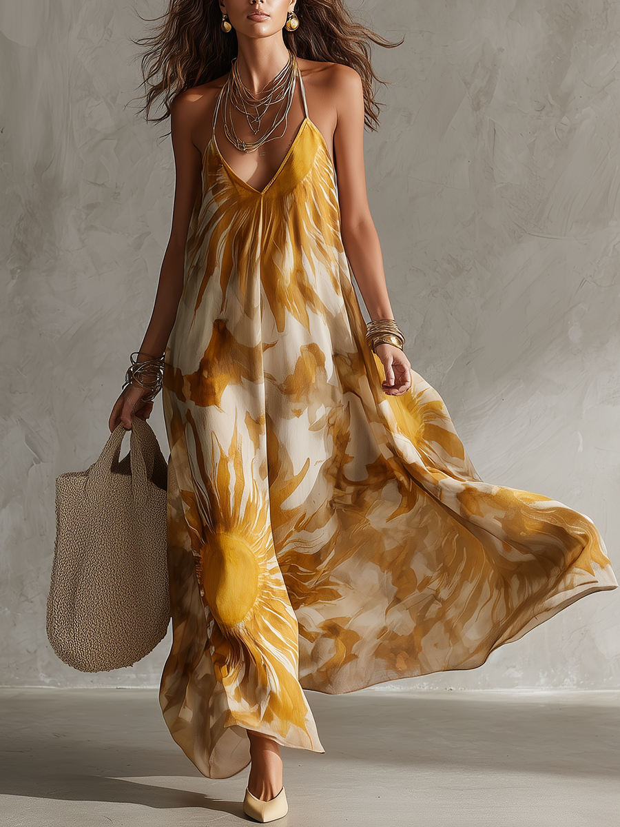 Robe longue élégante à licou et motifs floraux