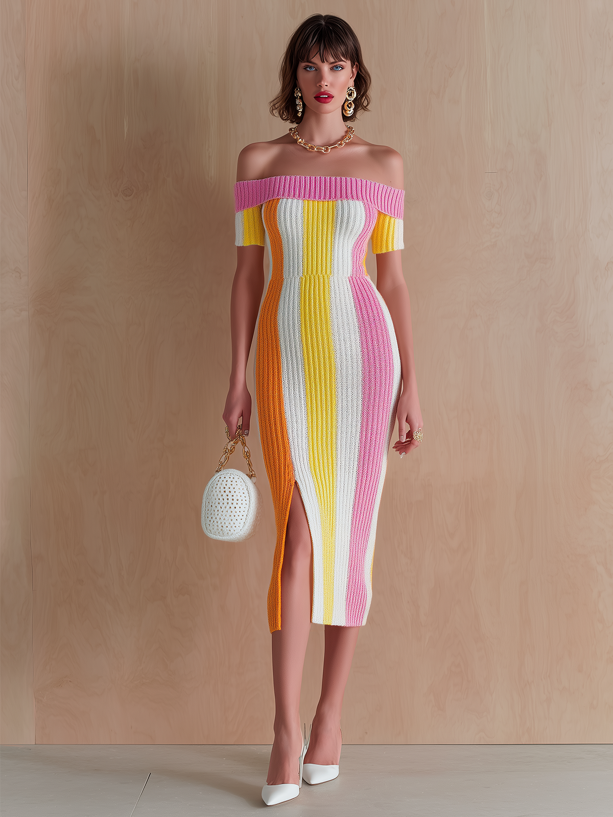 Stylish Elegant Pink Striped Off-Shoulder Short-Sleeve Slim-Fit Side-Slit Ribbed Knit Midi Dress