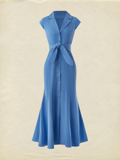 (TAILLE:XS-XXL) Robe longue en coton, Manches courtes, Col à revers, Unie, Vintage, Bleu