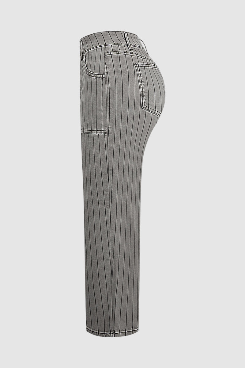 Striped Patch Pocket Mid Waist Wide Leg Cropped Pants Without Belt