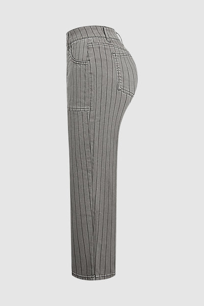 Striped Patch Pocket Mid Waist Wide Leg Cropped Pants Without Belt