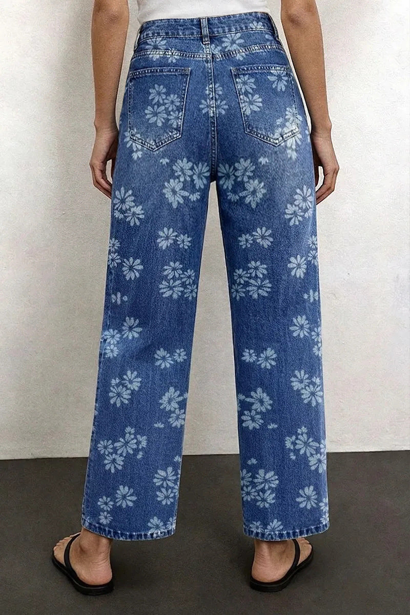 Allover Floral Pattern Straight Leg High Rise Crop Jeans