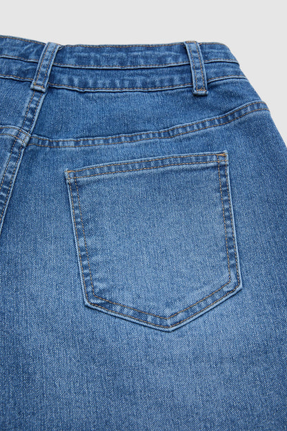 Wash Raw Hem Patched Pocket High Waist Denim Mid Thigh Shorts